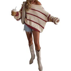 Women's Off Shoulder Sweater Knit Color Block Striped Long Sleeve Cozy